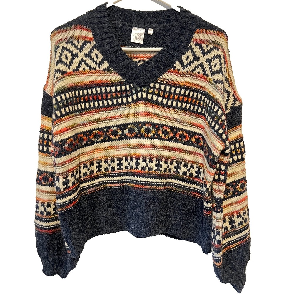 Original USA V-Neck Knit Sweater Multicolor Oversized Cottagecore Boho Size S/M